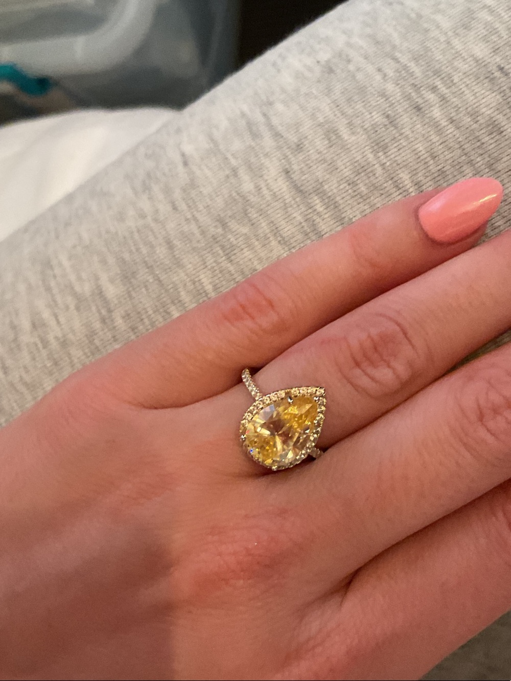 Yellow Pear-Cut Halo Ring with Pavé Band - Women Jewelry